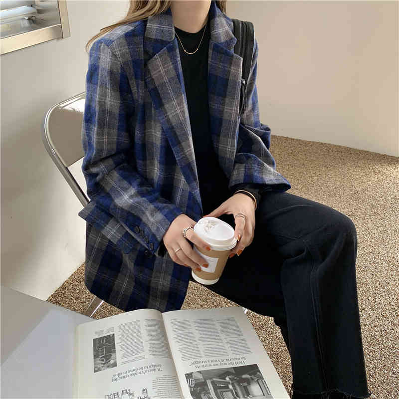 OL Notched Vintage Elegant Casual Plaid Woolen Blazer Jacket Autumn Winter Tops Women Blazers Loose Suit Coat Female 210421