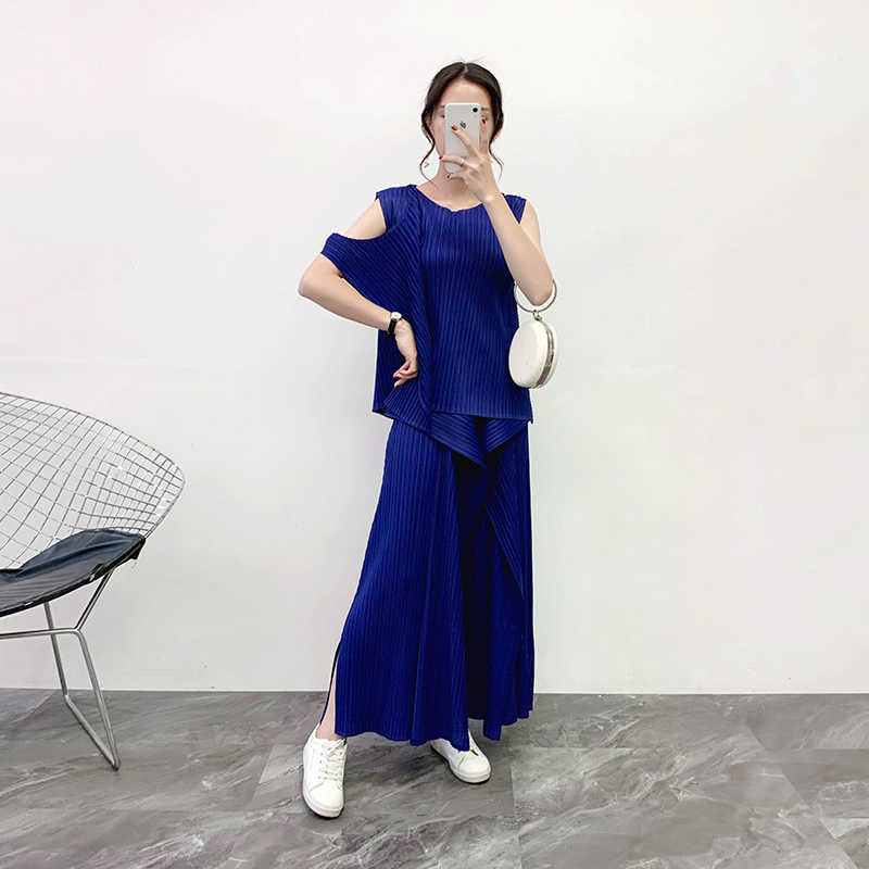 Japanese-Style Solid Pleated Suit Summer Irregular O Neck Top + Casual Wide-Leg Pants Two-Piece Set Women 210615Z