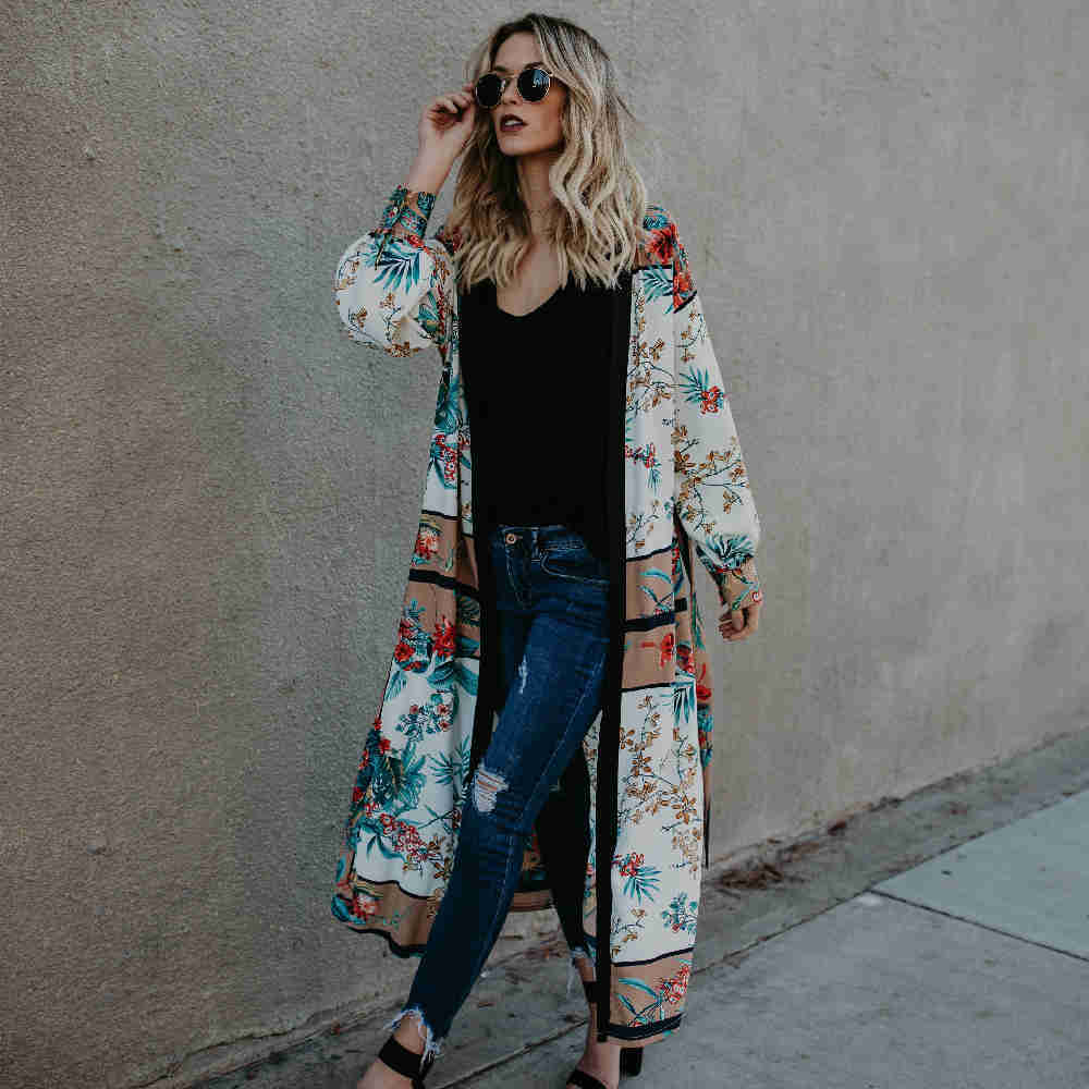 Bikini Cover-ups Boho Printed Belted Long Kimono Cardigan White Cotton Tunic Women Vintage Beach Wear Swim Suit Cover Up A229 210420