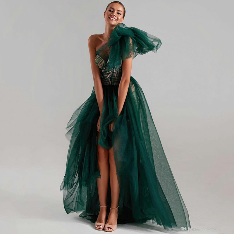 One Shoulder Elegant Evening Dresses A Line High Low Lace Appliques Beads Prom Gowns Women Dark Green Tull Formal Pageant Party Dress