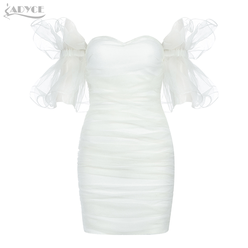 Winter Women White Lace Off Shoulder Mini Club Bandage Dress Sexy Ruffles Celebrity Evening Runway Party Dresses 210423