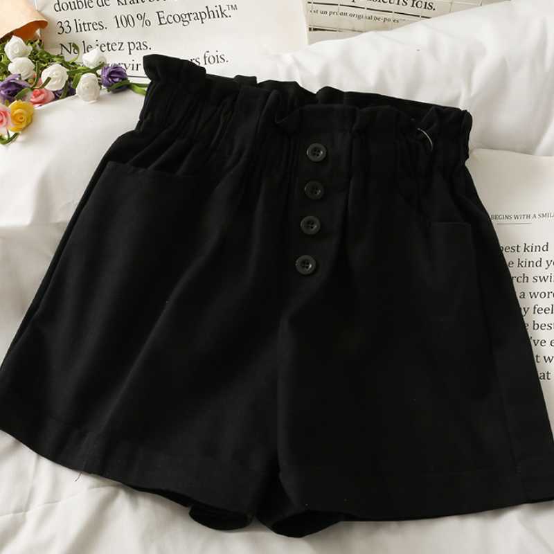 Korean Buttons Stretch High Waist Woman Shorts Causal Summer Wide Leg Short Pantalones Cortos De Mujer 6J260 210603
