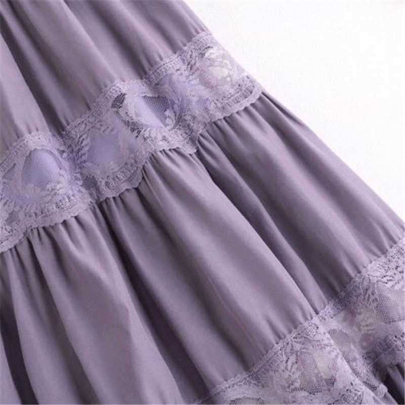 Sweet kawaii Chiffon Lace Stitching A-line pleated skirt Women's High Waist Midi Skirts Black Purple Elegant Party Long Skirt 210619