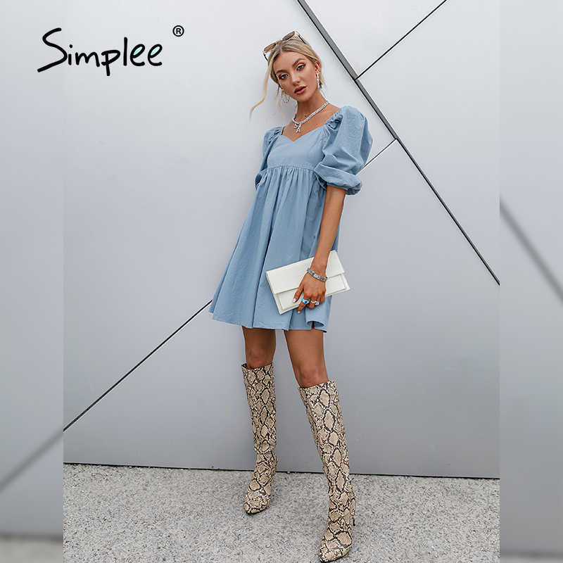 Cotton V-neck Loose Lantern Sleeve Mini Dress Fashion Blue Summer Women A-line dress Solid retro high waist Vestido 210630