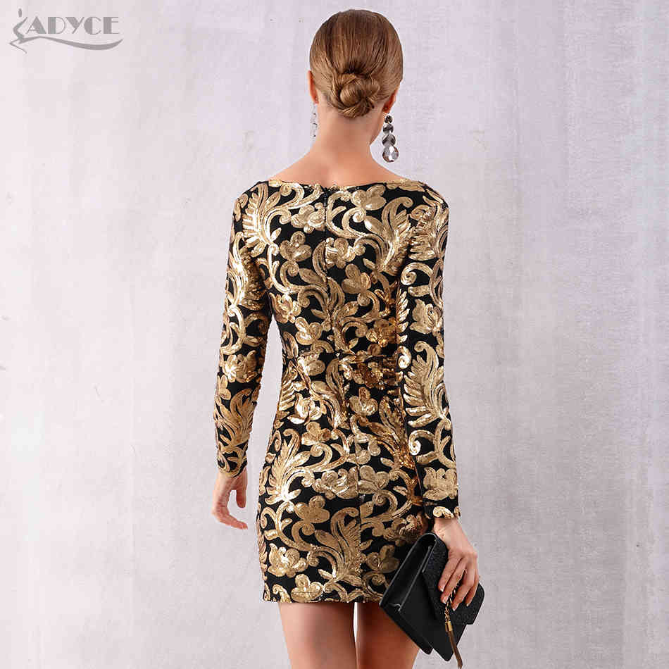 Autumn Women Gold Celebrity Evening Party Dress Elegant Sexy Long Sleeve Sequined Deep V Mini Club Vestidos 210423