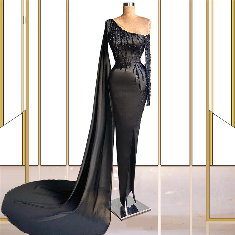 Black Beaded Evening Dresses Formal Long Prom Dress Mermaid Dubai Crystals Plus Size Custom Made Satin Party Gowns Robes