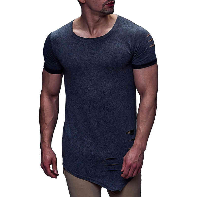IceLion New Spring Irregular Hole T Shirt Men Casual Long Fitness T-shirt Summer Short Sleeve Solid Slim Fit Men's Tshirt 210329