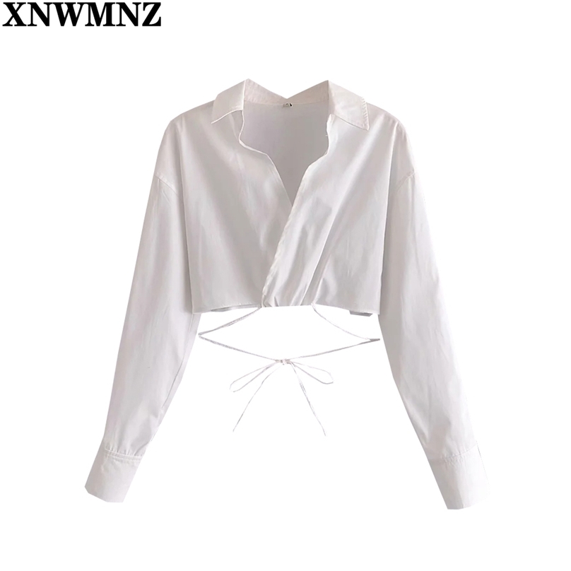 

Blouse Women Fashion surplice cropped shirt with ties Woman crossover v neck Long Sleeve top Female Shirts Chic Tops 210520, White