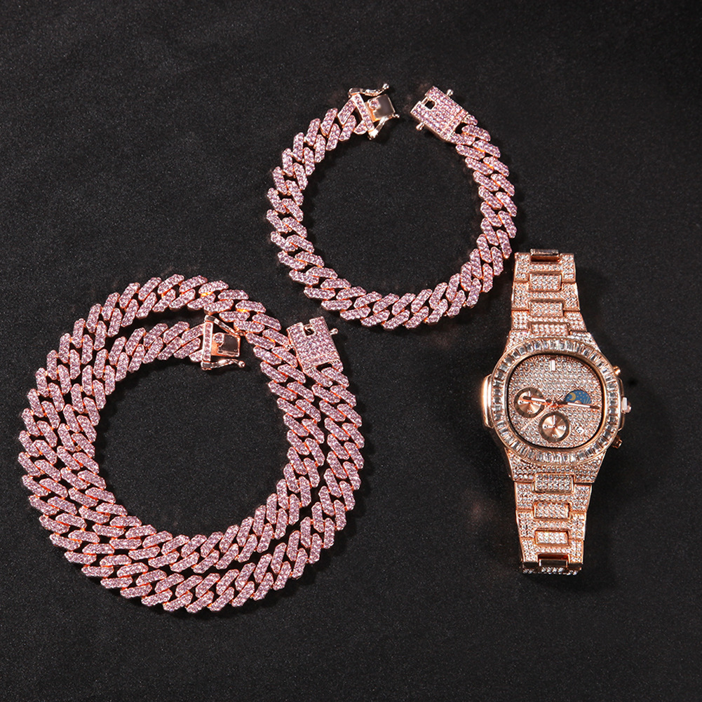 Men Necklace Iced Out Miami Cuban Chain Hip Hop Jewelry Rose Gold Silver Diamond Watch Necklaces Bracelet Set