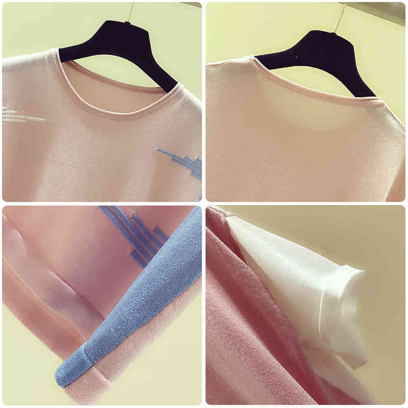 Casual Short Sleeve Ladies Tops Korean Pink O-Neck Blouse Women Blusas Mujer De Moda Summer Thin Knitted Tee Shirt 9761 210506