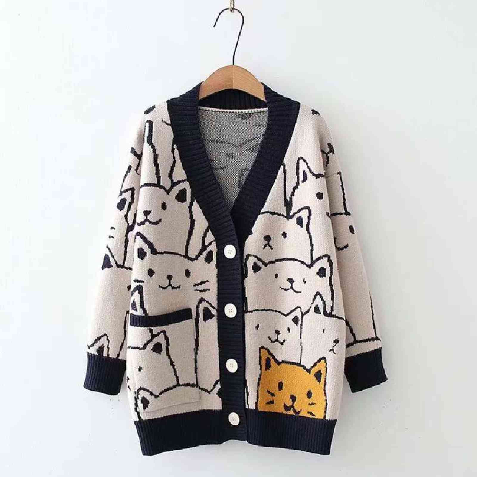 Fashion Cartoon V-neck Cardigan Sweater Women Autumn Winter Cute Cat Retro Professional Long-sleeved Knitted Coat 211117