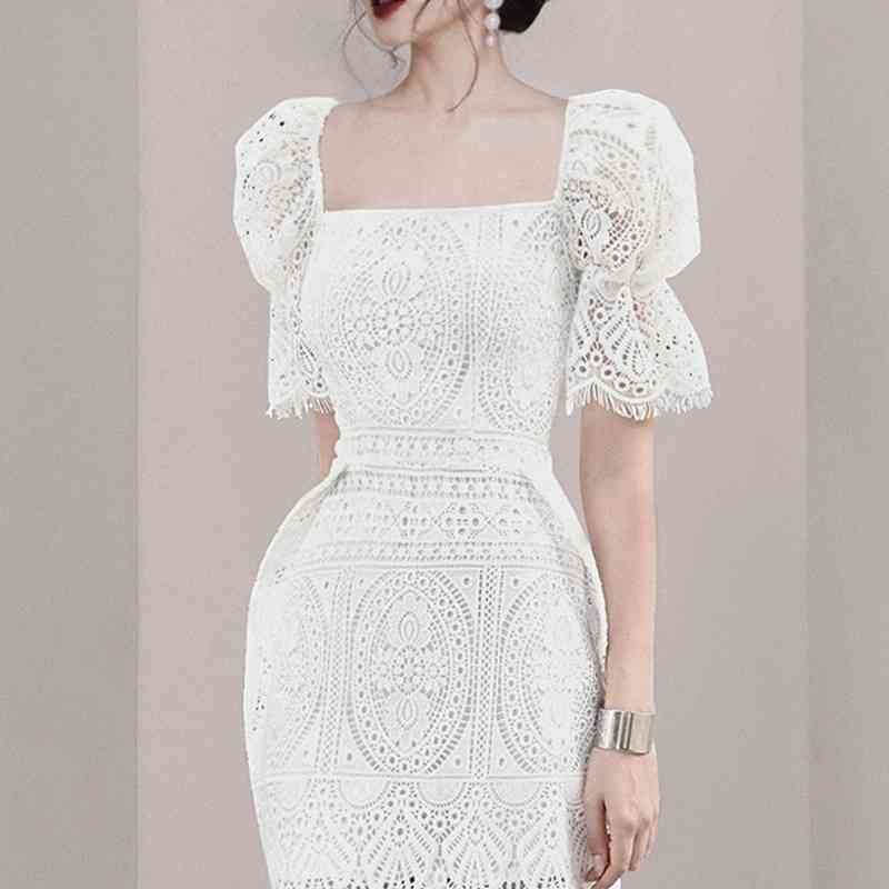 Summer Women Celebrity Evening Party Dress Vestidos Smil Sexy Lace Square Collar Puff Sleeve Bodycon Mini 210506