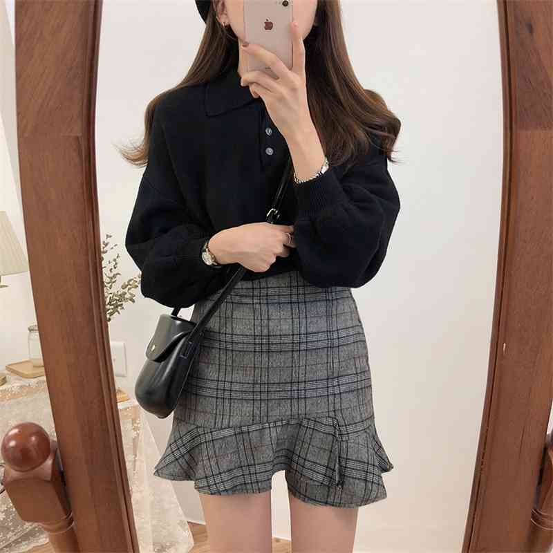 plus size plaid package hip falbala skirts Women Woolen Mini Skirt Autumn Winter Vintage Skater High Waist Femininas 210423