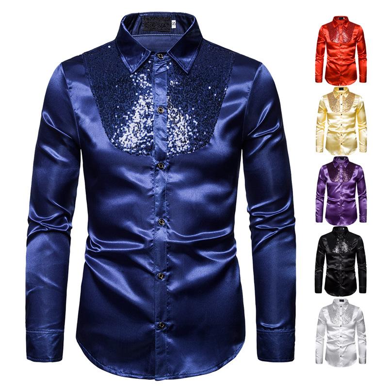 Men Top Stage Dance Men's Luxury Dress Shirt For Long Sleeve Silk Party Nightclub Prom Costume Casual Shirts