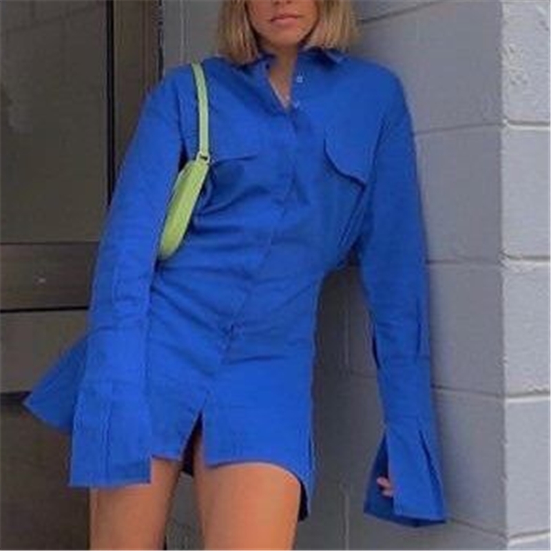 Streetwear Women Blue Pocket Dresses Fashion Ladies Waist-Controlled Mini Vestidos Causal Female Chic Pleated Dress 210430