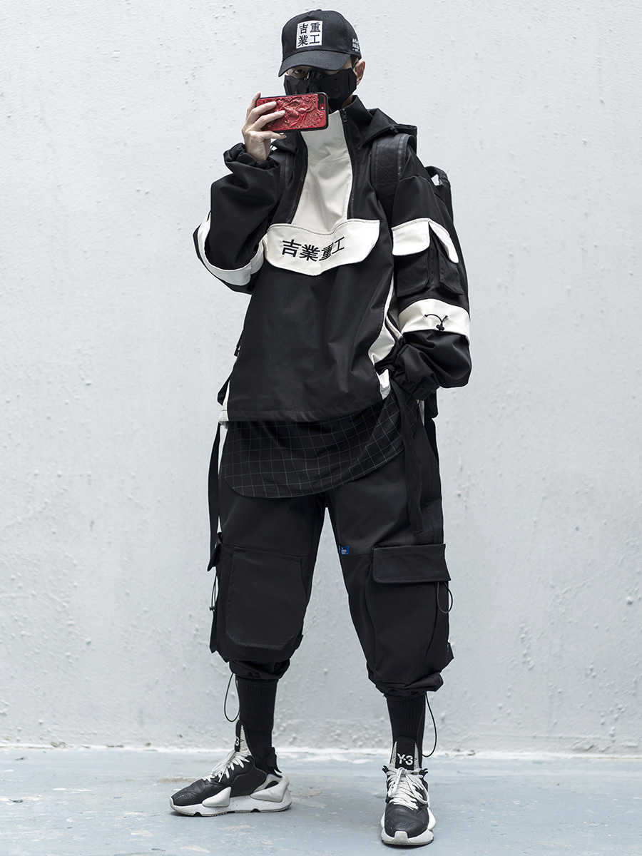 multi pocket stormsuit hiphop casual stitching Half Zip Hooded women Men's clothes Antique jacket Japanese style streetwear 211009