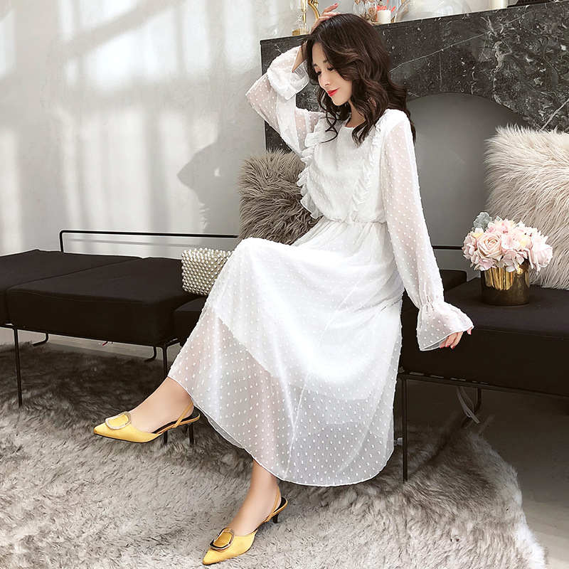 Ruffles Polka Dot Women Chiffon Dress Elastic Waist Flare Sleeve Female Long Vestidos A-line White Dress 210419