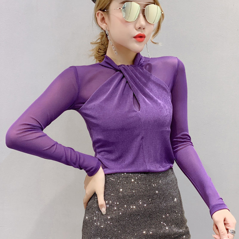 Mesh Long Sleeve Solid Women Blouse Tops Chemisier Femme Casual Slim Fit O-Neck Shirt Clothes Autumn 7300 50 210506