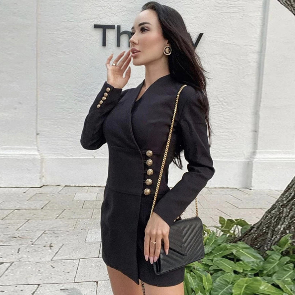 Autumn Women'S Fashion Long Sleeve Black Mini Dress Sexy V-Neck Button Club Celebrity Party Vestidos 210525