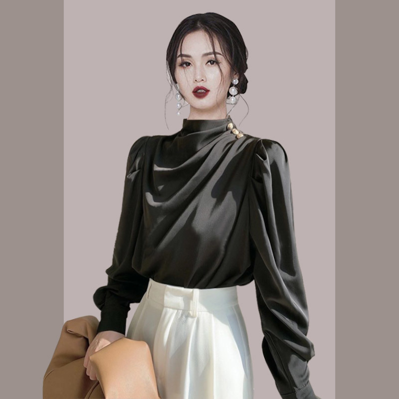 Vintage Long Sleeve Shirts Tops Ladies Elegant Korean Office OL Fashion Chic Button Satin Casual Shirt Blouse Women Spring 210519