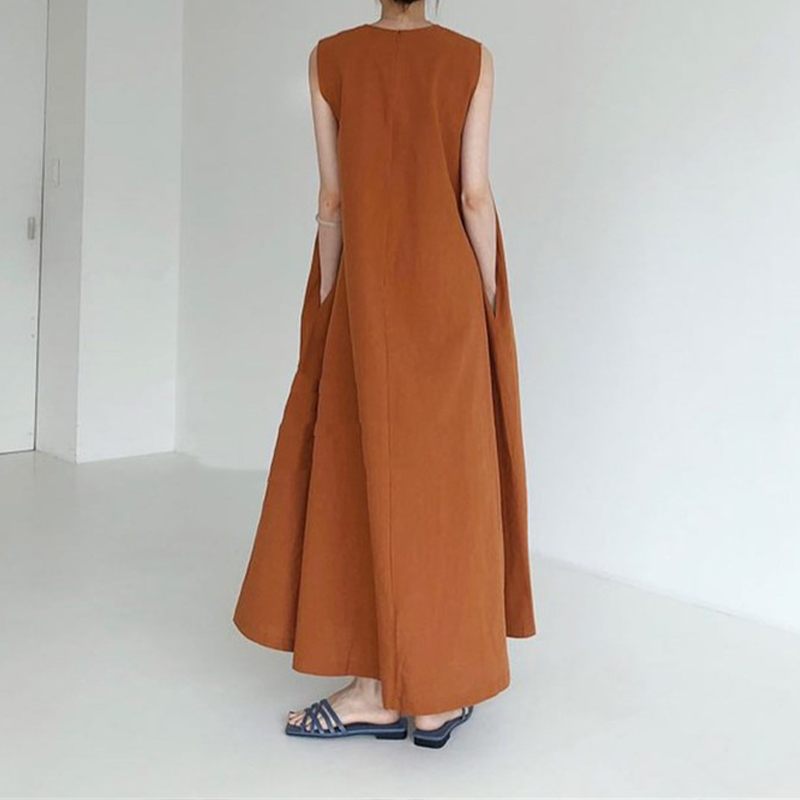 Summer Women's Korean Style Solid Sleeveless Maxi Dress O Neck Loose Casual A-Line Minimalist Office Long Dresses Lady D13701X 210416