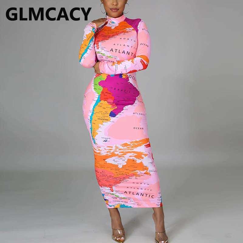 Women World Map Printed Slim Maxi Dress Elegant Long Sleeve Evening Party Pencil Long Dresses Robe 210702