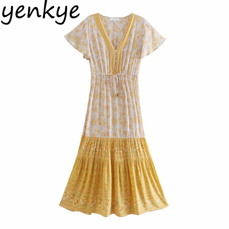 Holiday Boho Long Maxi Dress Women Short Sleeve Drawstring Waist Floral Print Vestido Mujer A-line Casual Summer Dresses 210430