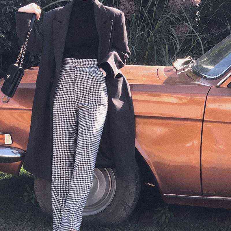 Winter Women Vintage Classic Casual Plus Velvet Pants Suit High Waist Joker Wide Leg Loose Fashion Plaid Trousers 211124