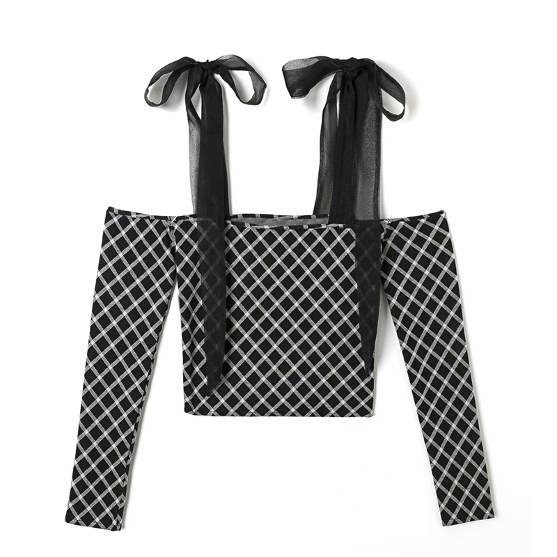 Sexy Women Chic Plaid Knitted Shirts Fashion Ladies Mesh Bow Strap Tops Sweet Female Streetwear Slash Neck Blouses 210430