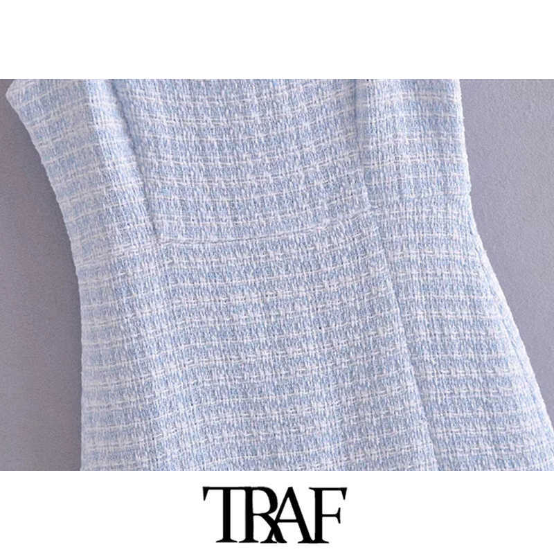 TRAF Women Chic Fashion Front Slit Hem Tweed Mini Dress Vintage Backless Zipper Thin Straps Female Dresses Vestidos 210630