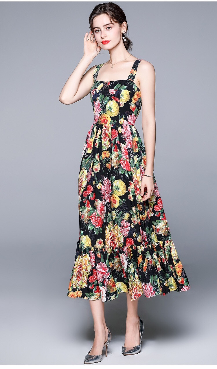 vintage summer midi dress tropical flower fruit printed camisole square collar dresses lady traf vestidos de mujer casual 210421