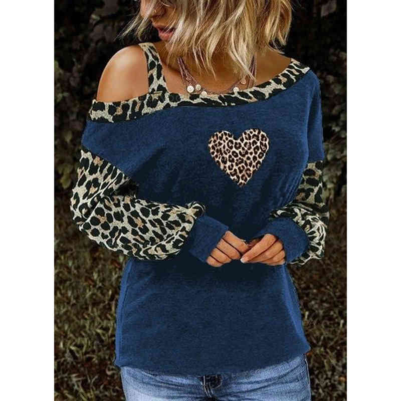 Women's Clothing T-shirts Leopard Valentine's Day Slanted Shoulder Leopard Print Love Long Sleeve T-shirts Top Pullover 210515