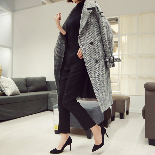 Korean Houndstooth Long Wool Coat Elegant Women Double-breasted Lapel Collar Sashes Pocket Plaid Loose Thick Woolen Outerwear 210518
