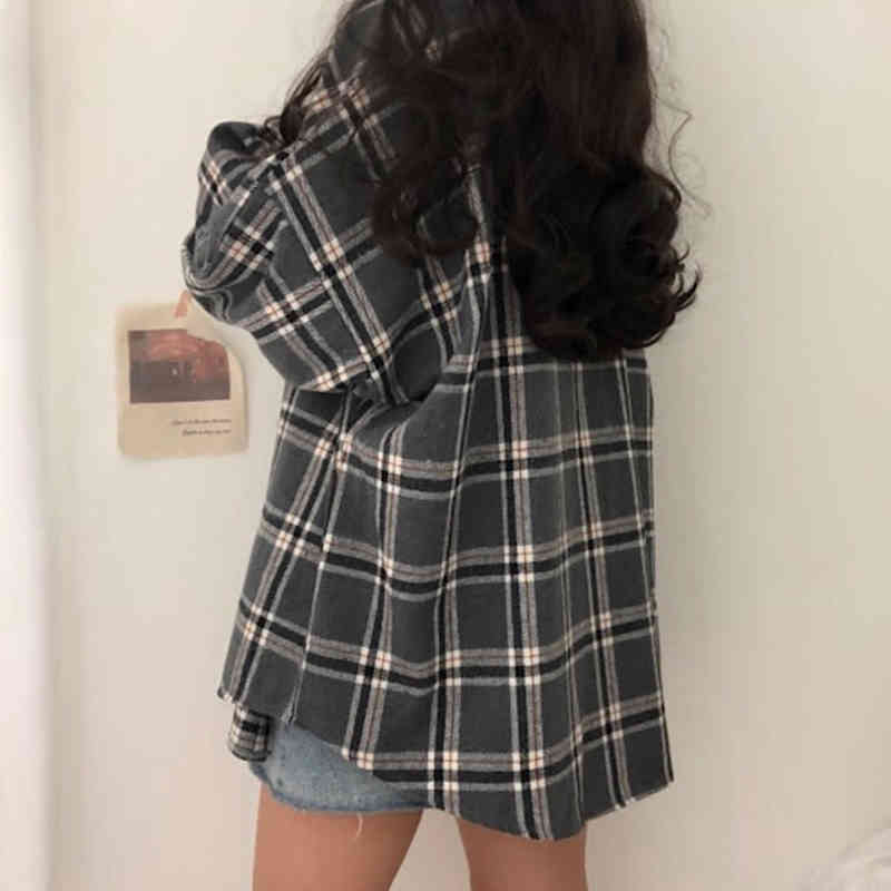 Flectit Flannel Oversized Shirt Long Sleeve Collared Boyfriend Plaid Blouse Fall Winter Women's Blouses & Shirts * 210402