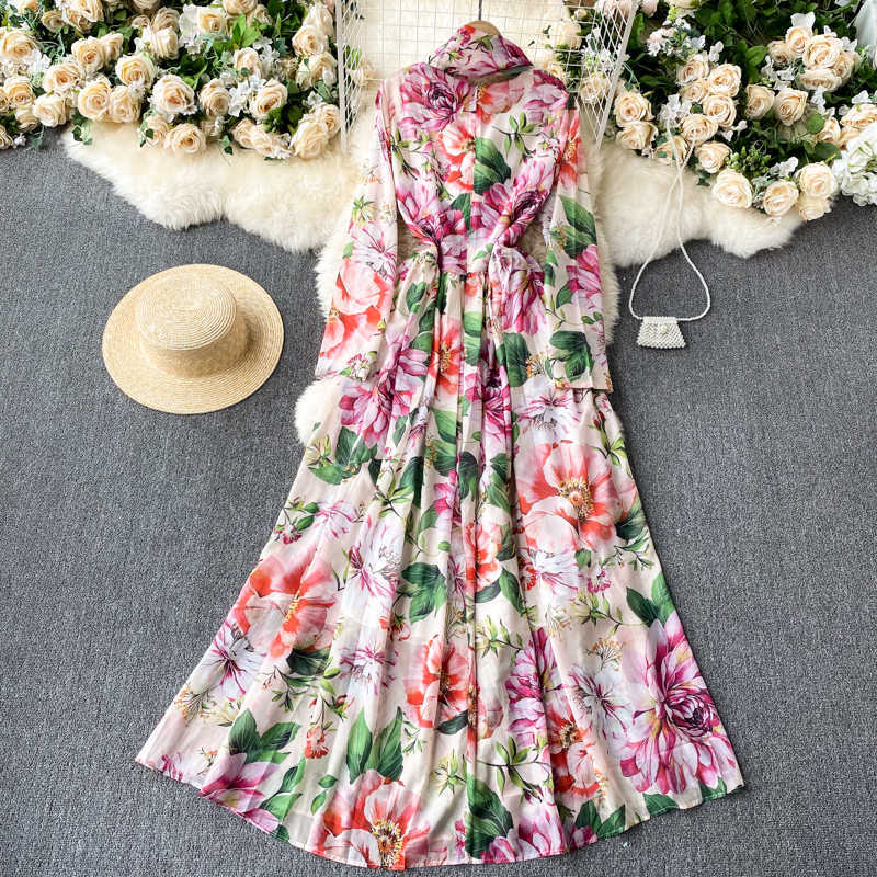 Women Fashion Holiday Flower Print A-line Long Dress V-Neck Sleeve Pleated Slim Clothes Party Vestidos De Mujer R163 210527