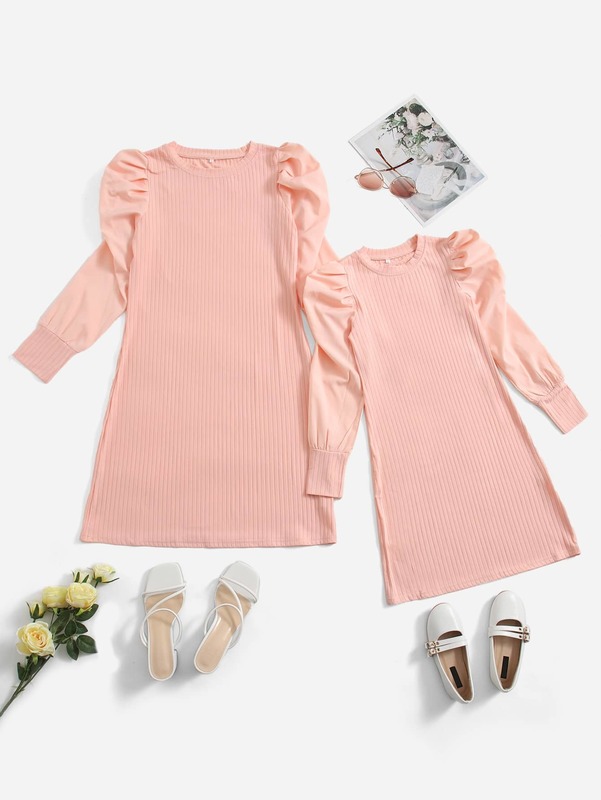 Girls Ribbed Knit Ruched Gigot Sleeve Dress SHE