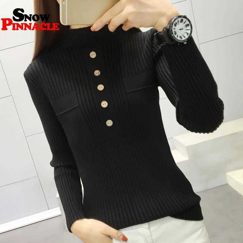 Women pullovers slim half-turtleneck buttons knitted sweater fashion office lady for autumn female knitwear 210524