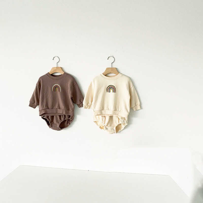 Korean Baby Boys And Girls Rainbow Clothing Set Long Sleeve Hoodies + Short Children Casual Two Piece Clothes 210615