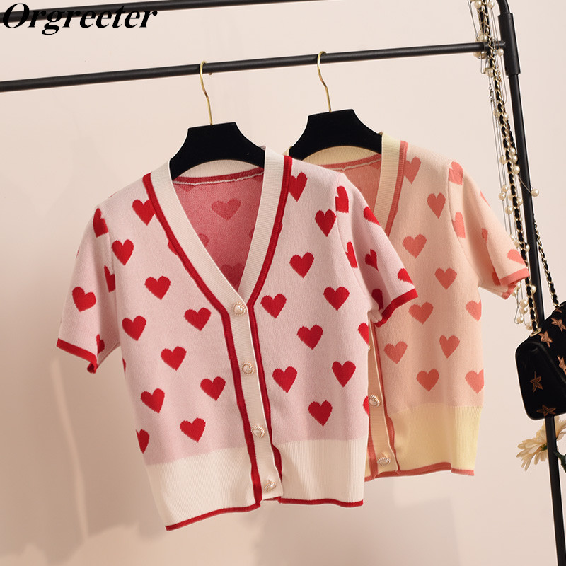Sweet Pink Heart Knit Cardigans Intarsia Sweater Women Summer V-neck Pearl Button Elegant Pull Femme Casual Thin Knitwear 210525, Red
Sweet Pink Heart Knit Cardigans Intarsia Sweater Women Summer V-neck Pearl Button Elegant Pull Femme Casual Thin Knitwear 210525, Red