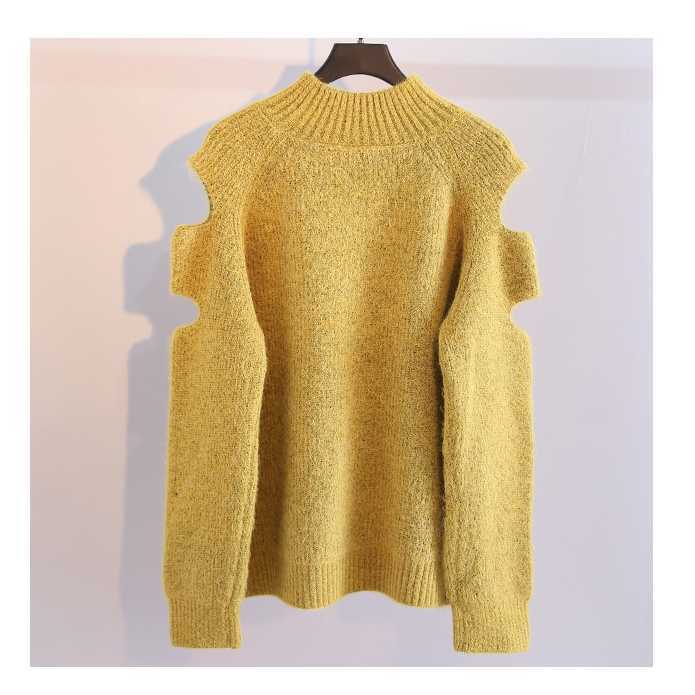 H.SA Winter Sweaters Fashion Korean Jumpers Off the shoulder Hollow Out Long Yellow Sweaters Warm Soft Casual Knit Tops 210716