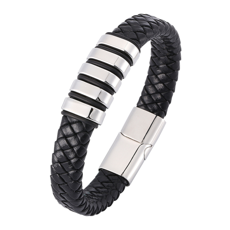 Classic Design Stainless Steel Magnetic Buckle Charm Bracelet Men's Genuine Leather Bracelets