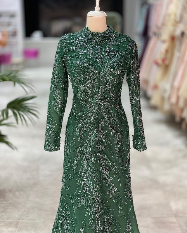 2022 Plus Size Arabic Aso Ebi Hunter Green Muslim Luxurious Prom Dresses Lace Beaded Evening Formal Party Second Reception Gowns Dress ZJ221