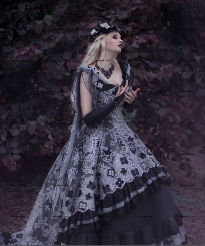 Grey Black Lace Gothic Evenig Dresses 2022 Mystic Garden Butterfly Lace-up Corset Top Renaissance Halloween Cosplay Prom Dress Plus size