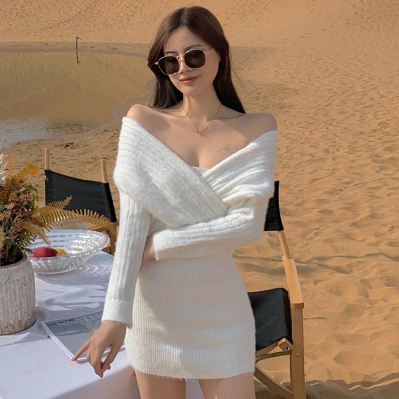 Autumn Winter White Off Shoulder Bodycon Dress Party Evening Elegant Fashion V-neck Low-cut Long Sleeve Knit Dresses Women Casual