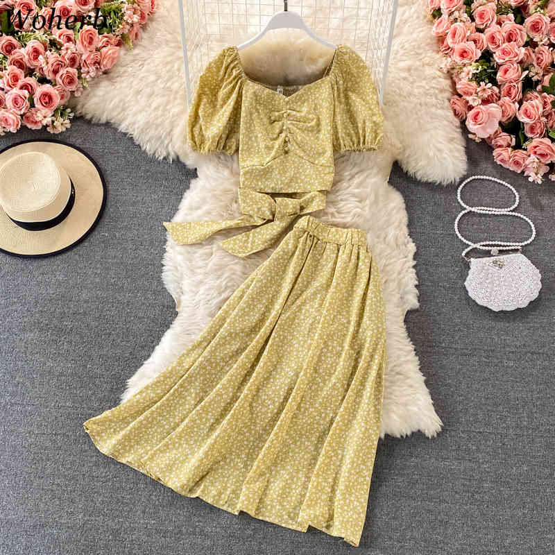 Women Chiffon 2pcs Set Summer Sexy V-Neck Short Sleeve Bandage Tops + High Waist Ruffle Long Skirt Fashion Suit 210519