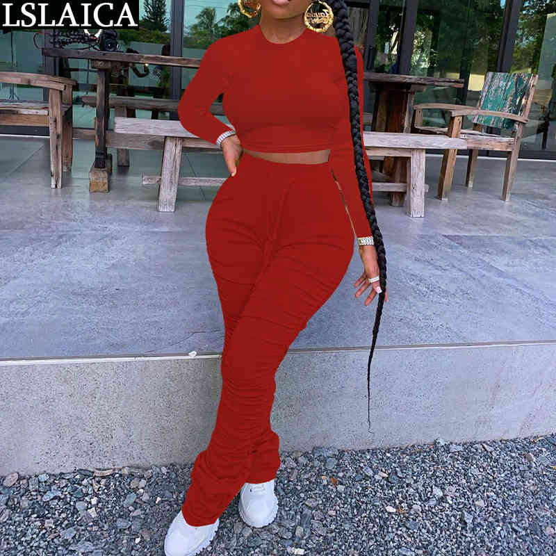 2 Peice Set Women Solid Long Sleeve o Neck Crop Top Drawstring Stacked Pants Sweatsuit Autumn Casual Outfits Slim Tracksuit Ropa 210515