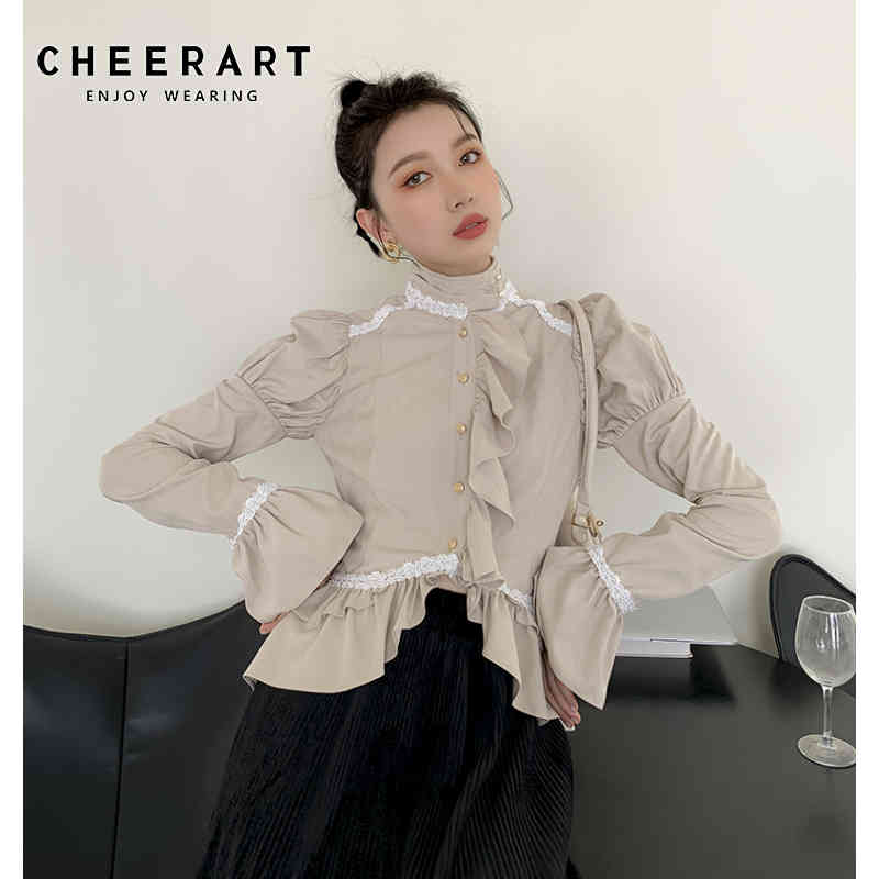 Court Ruffle Flare Sleeve Tops Button Up Turtleneck Shirt Women Khaki Long Ladies Blouse Clothing 210427
