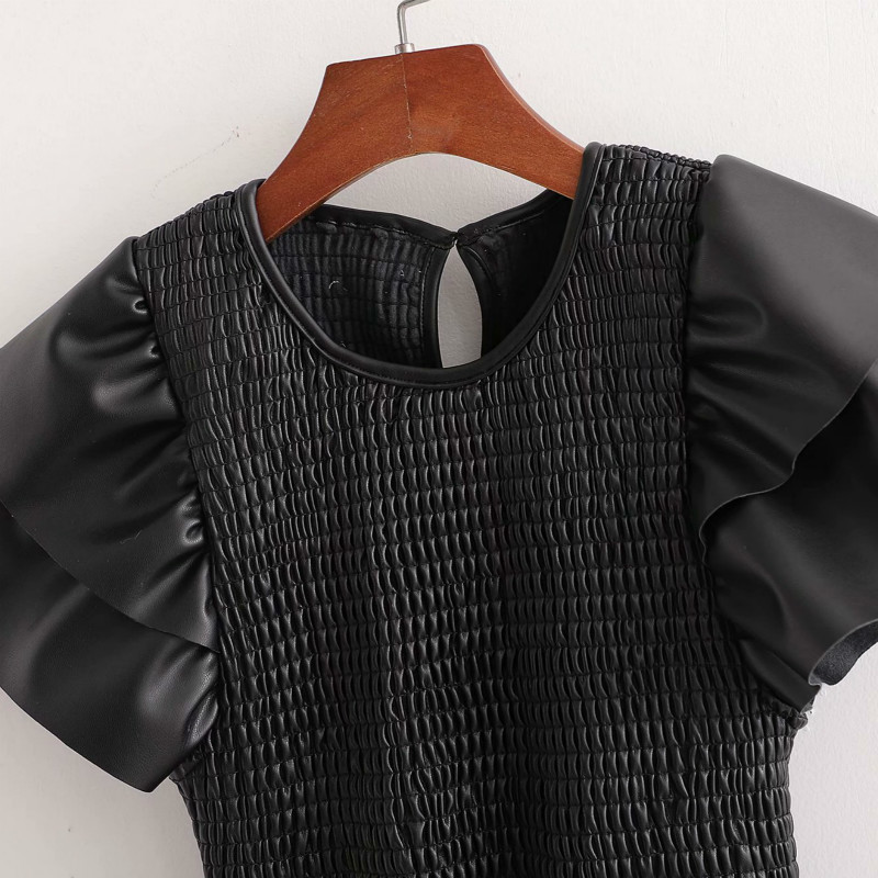 Vintage Woman Long PU Tight Draped Dress Spring-Autumn Fashion Ladies Short Sleeve es Female Casual Streetwear 210515