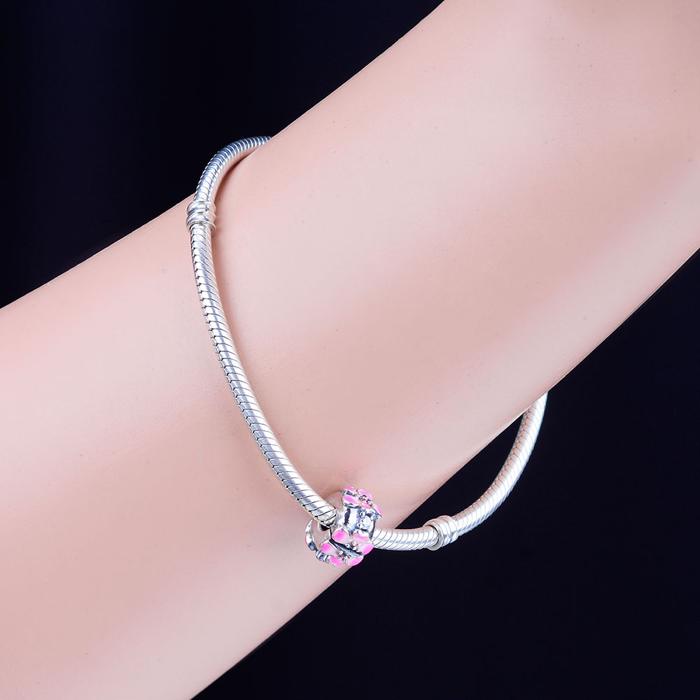 Fit Original Pan Charm Bracelet Authentic 925 Silver Pink Enamel Flower Spacer Bead For Making Women Summer Berloque