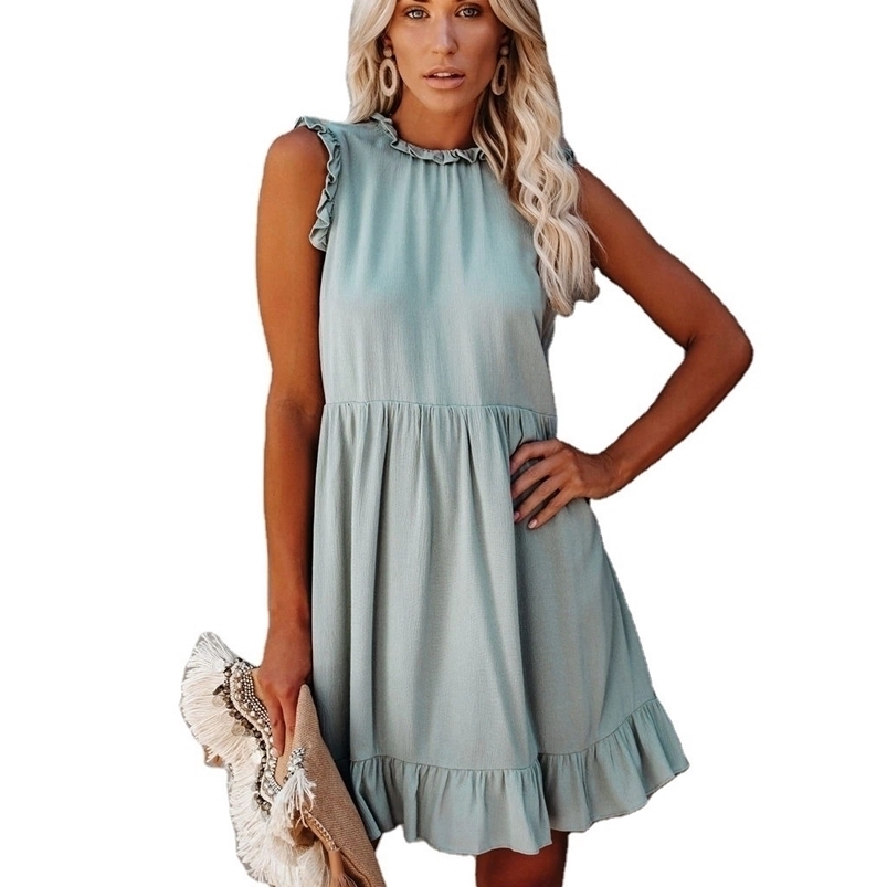 Summer Dres Sleeveless Sundresses Elegant Vintage Ladies Ruffle Beach Blue Mini Dresses Vestido De Mujer Y2k 210623